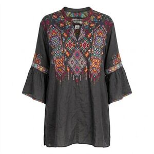 Johnny Was Workshop Gray Ramie Embroidered Boho Dress 2X Bell Sleeves